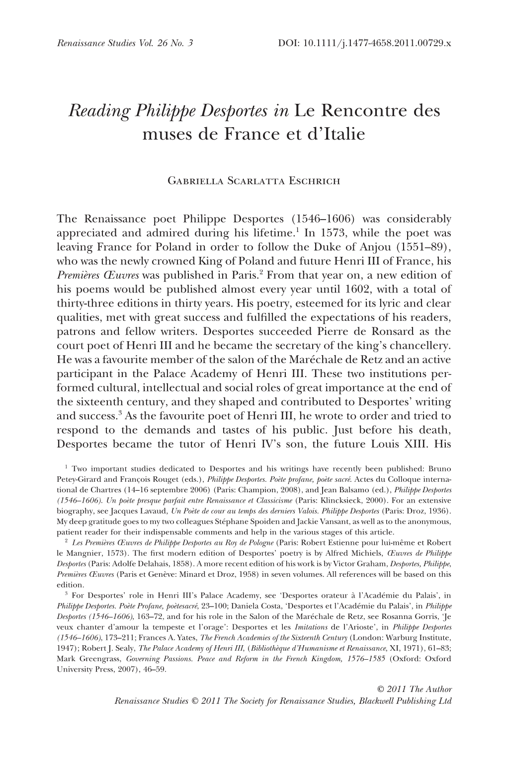 Reading Philippe Desportes in Le Rencontre Des Muses De France Et D’Italie