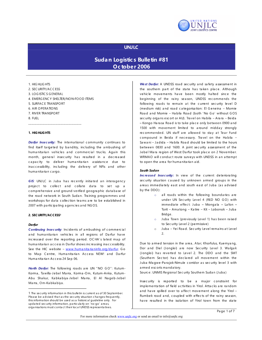 Sudan Logistics Bulletin #81 October 2006