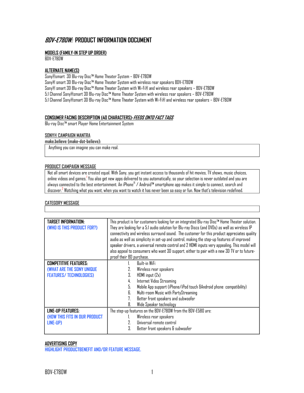 Bdv-E780w: Product Information Document