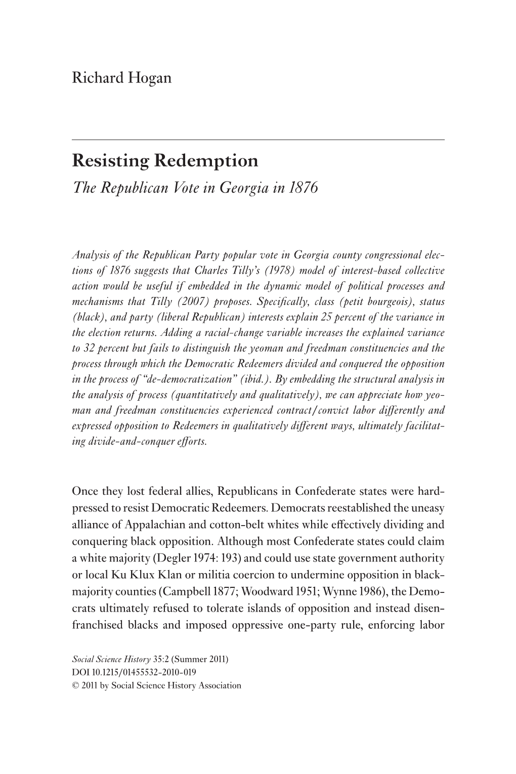 Resisting Redemption the Republican Vote in Georgia in 1876