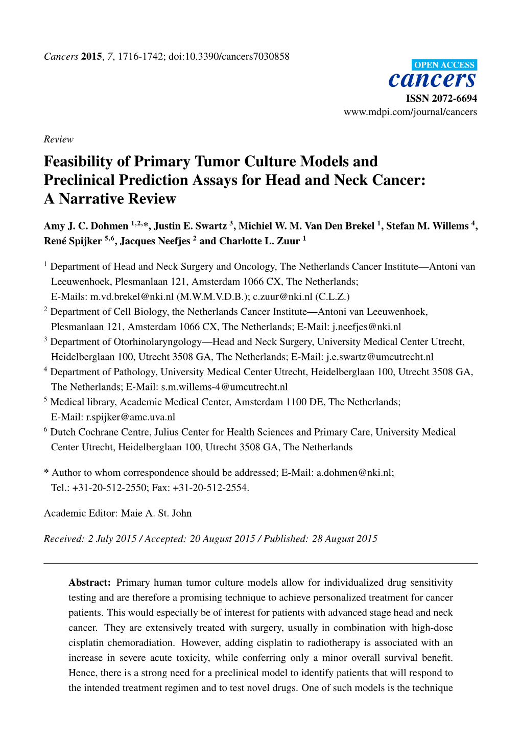 Feasibility of Primary Tumor Culture Models and Preclinical Prediction Assays for Head and Neck Cancer: a Narrative Review