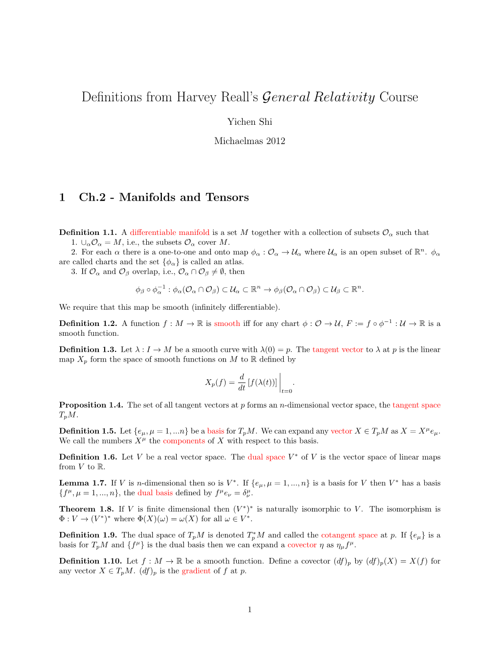 Definitions from Harvey Reall's General Relativity Course