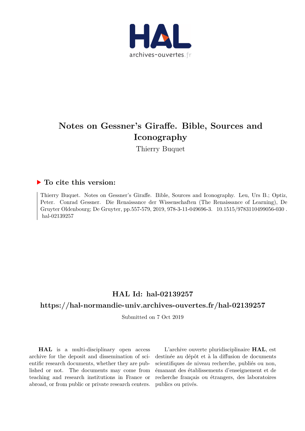 Notes on Gessner's Giraffe. Bible, Sources and Iconography