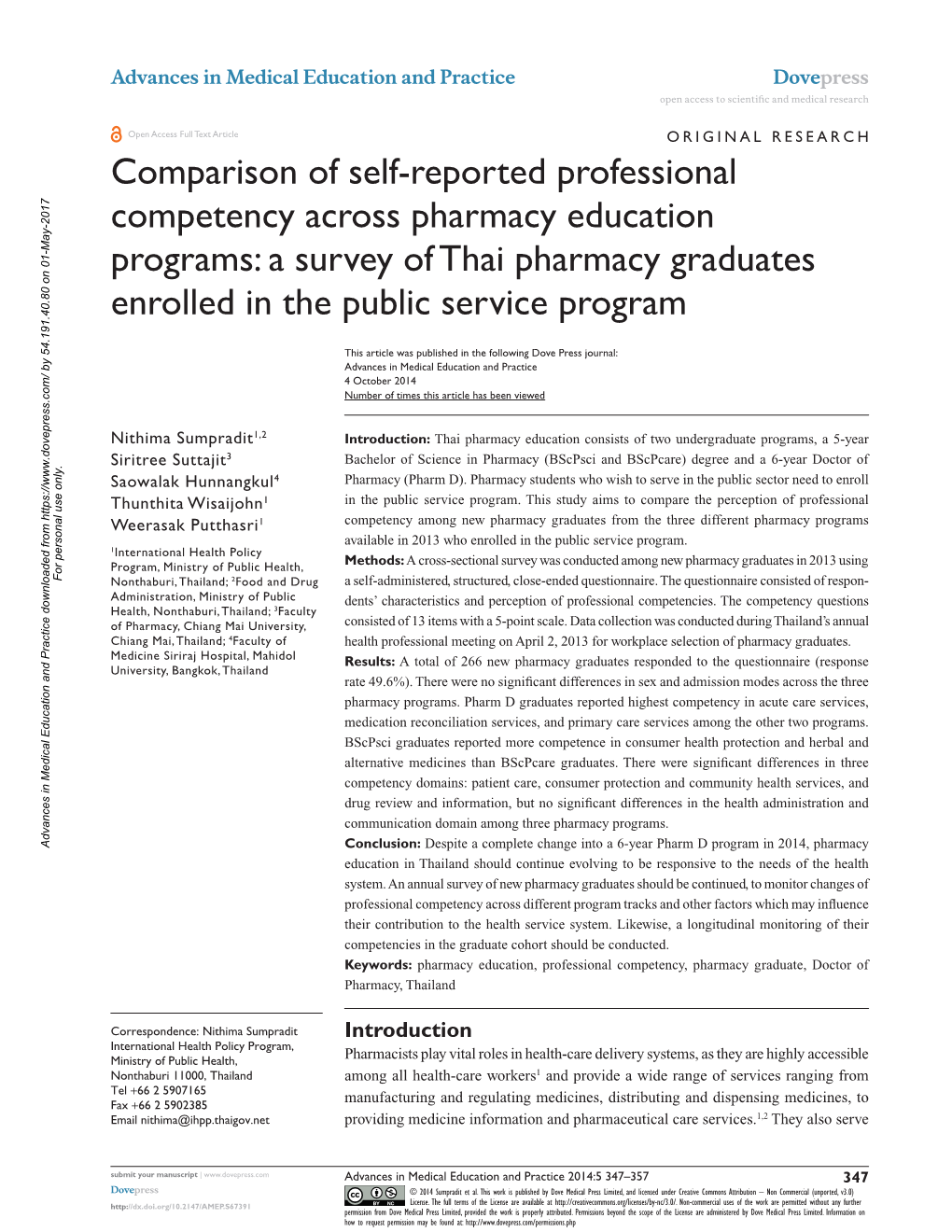 A Survey of Thai Pharmacy Graduates Enrolled in the Public Service Program