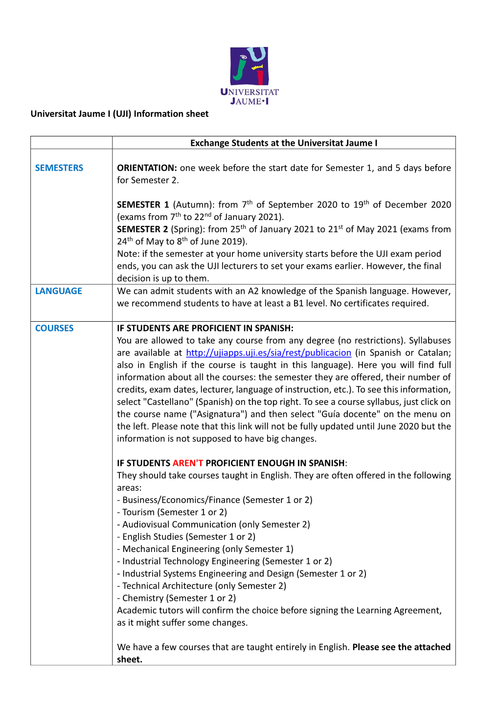 (UJI) Information Sheet Exchange Students at the Universitat Jaume I