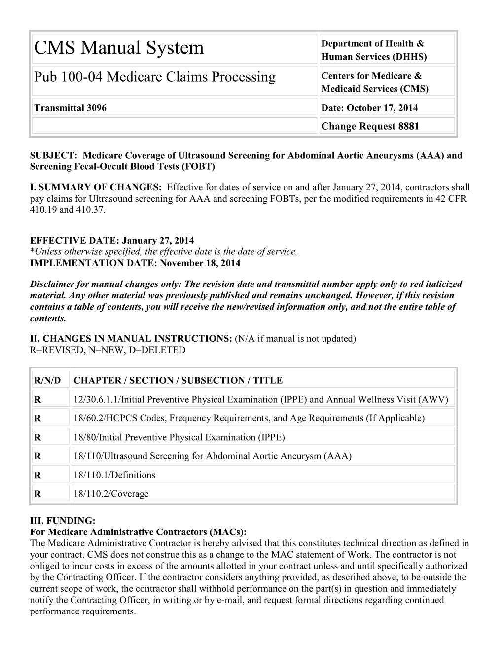 Medicare Coverage of Ultrasound Screening for Abdominal Aortic Aneurysms (AAA) and Screening Fecal-Occult Blood Tests (FOBT)