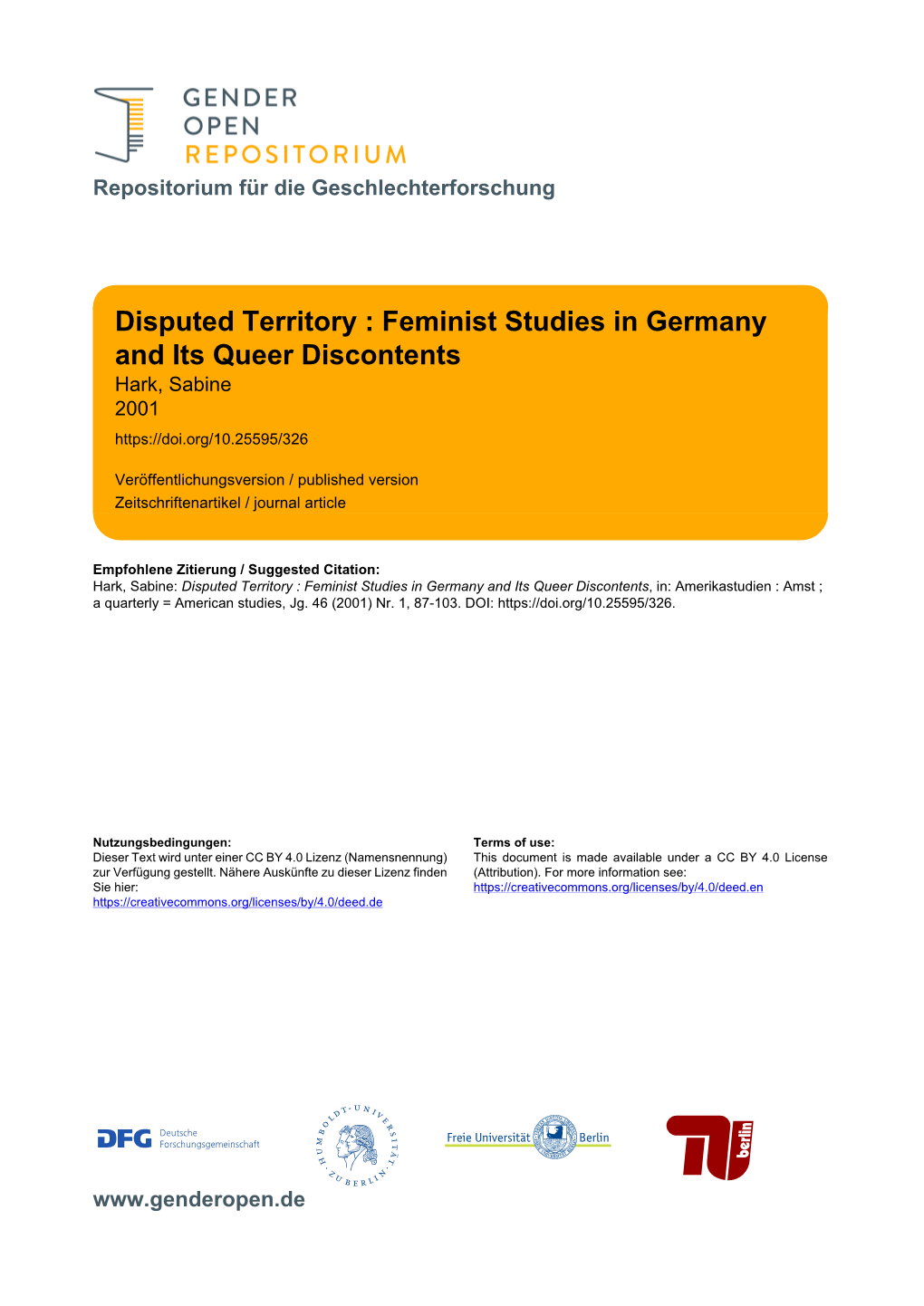 Disputed Territory. Feminist Studies in Germany and Its Queer Discontents