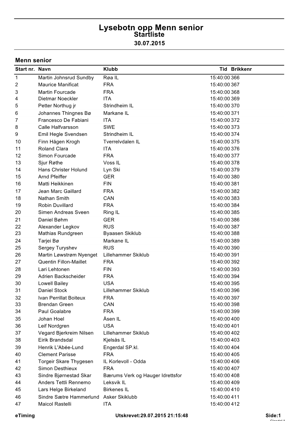 Menn Senior Startliste 30.07.2015