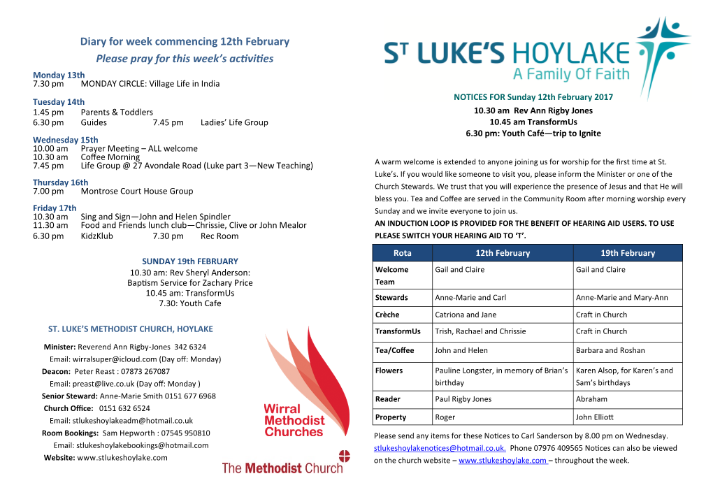 Diary for Week Commencing 12Th February Please Pray for This Week's Activities