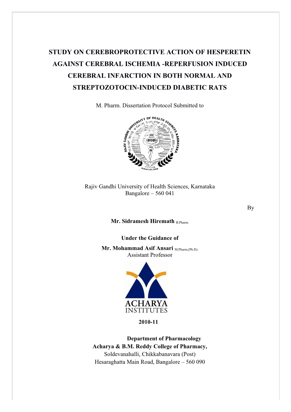 M. Pharm. Dissertation Protocol Submitted To s1