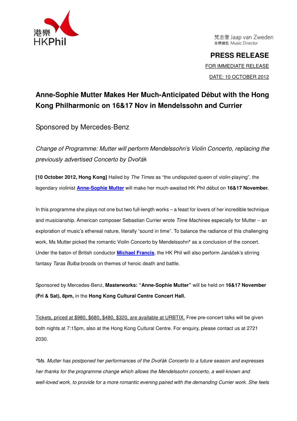 PRESS RELEASE Anne-Sophie Mutter Makes Her Much-Anticipated