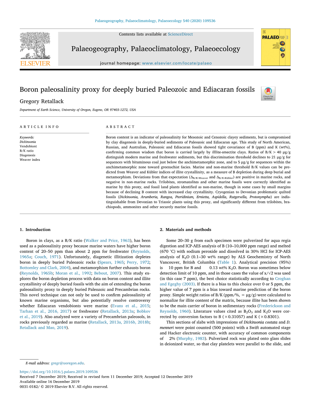 Boron Paleosalinity Proxy for Deeply Buried Paleozoic and Ediacaran Fossils T Gregory Retallack