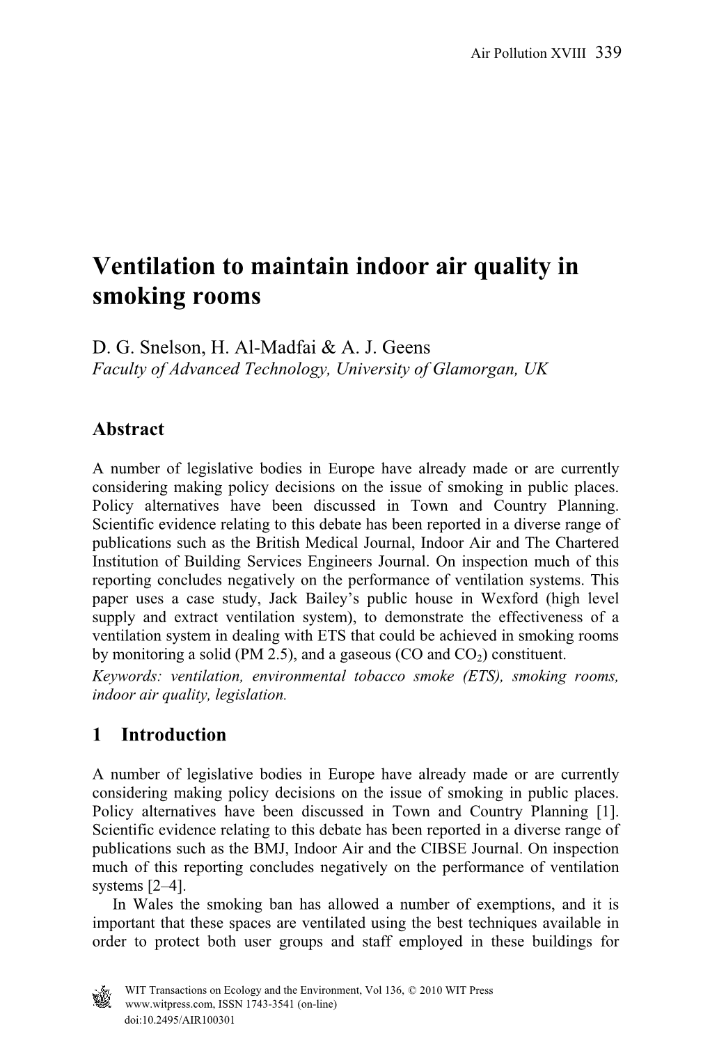 Ventilation to Maintain Indoor Air Quality in Smoking Rooms