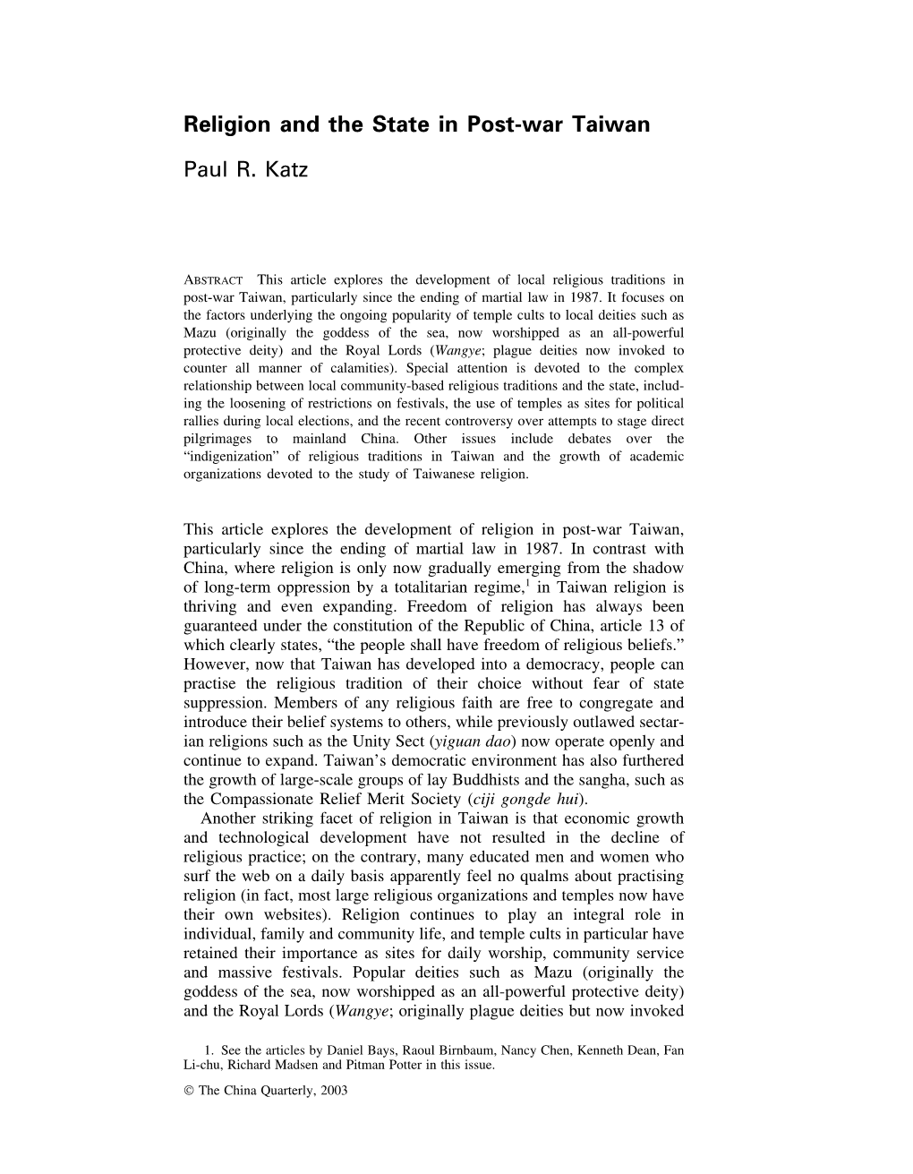 Religion and the State in Post-War Taiwan Paul R. Katz