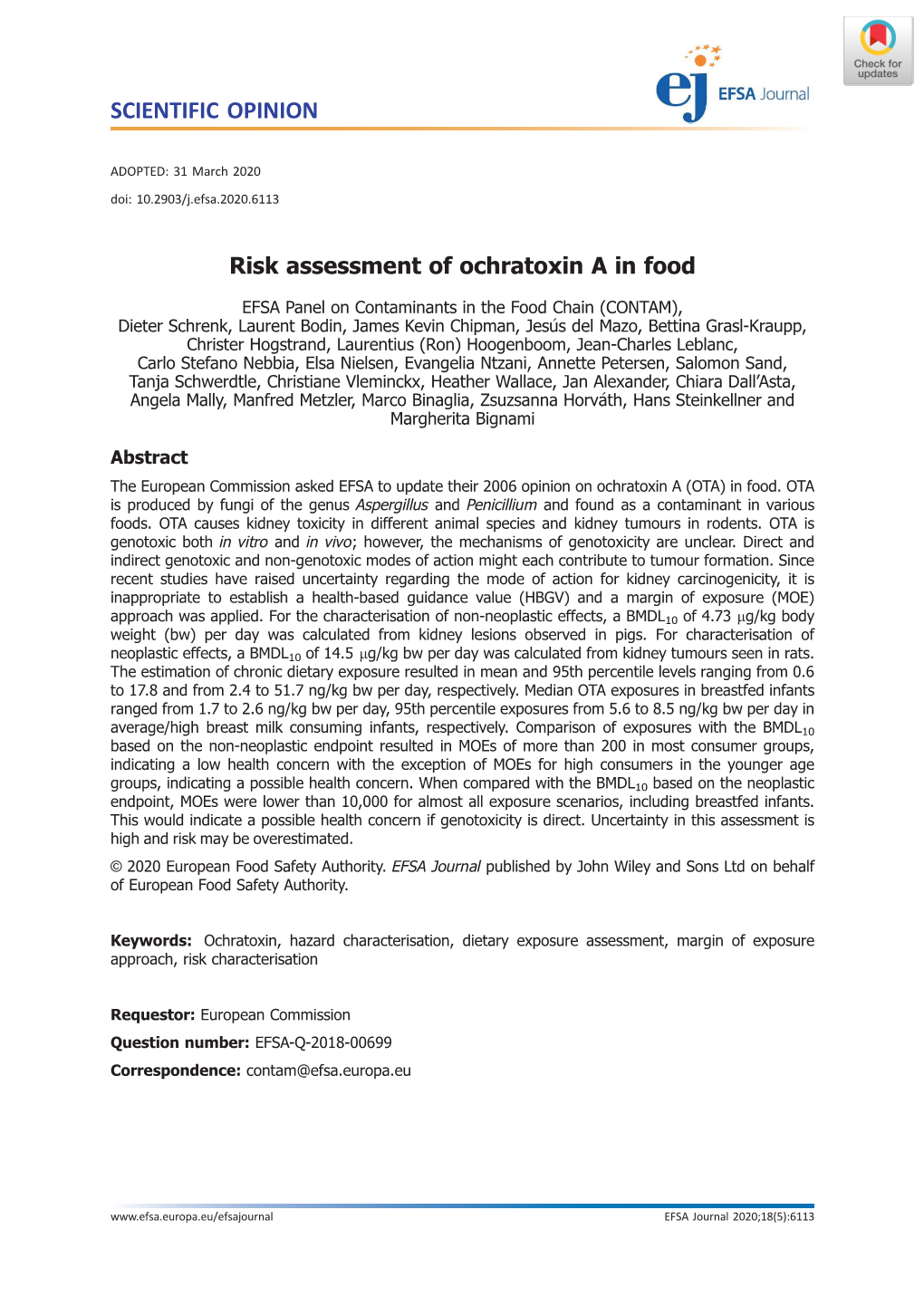 Risk Assessment of Ochratoxin a in Food