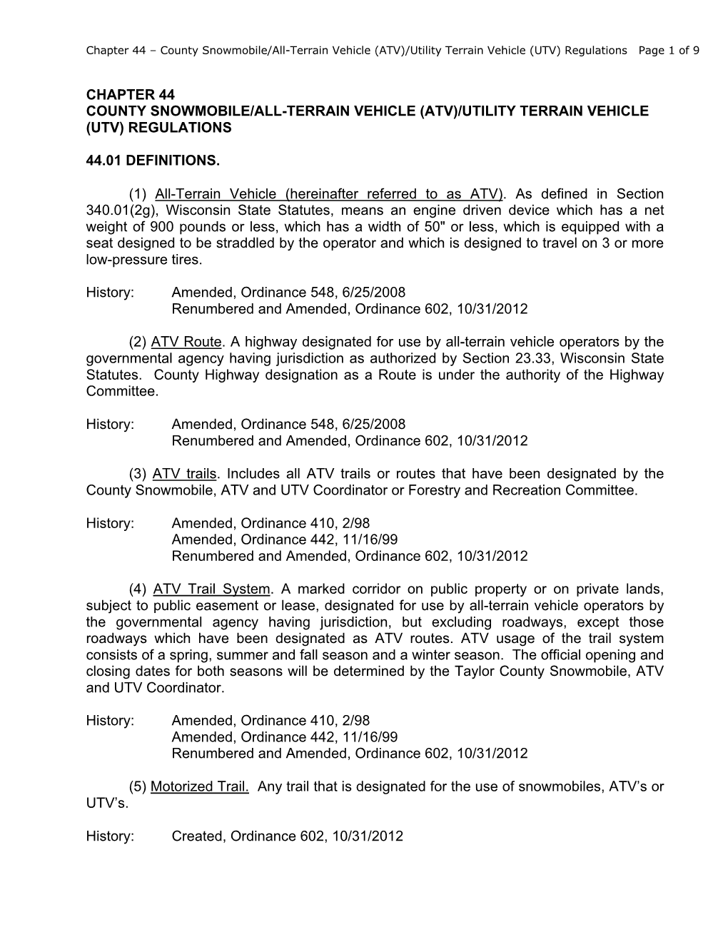 (ATV)/Utility Terrain Vehicle (UTV) Regulations Page 1 of 9