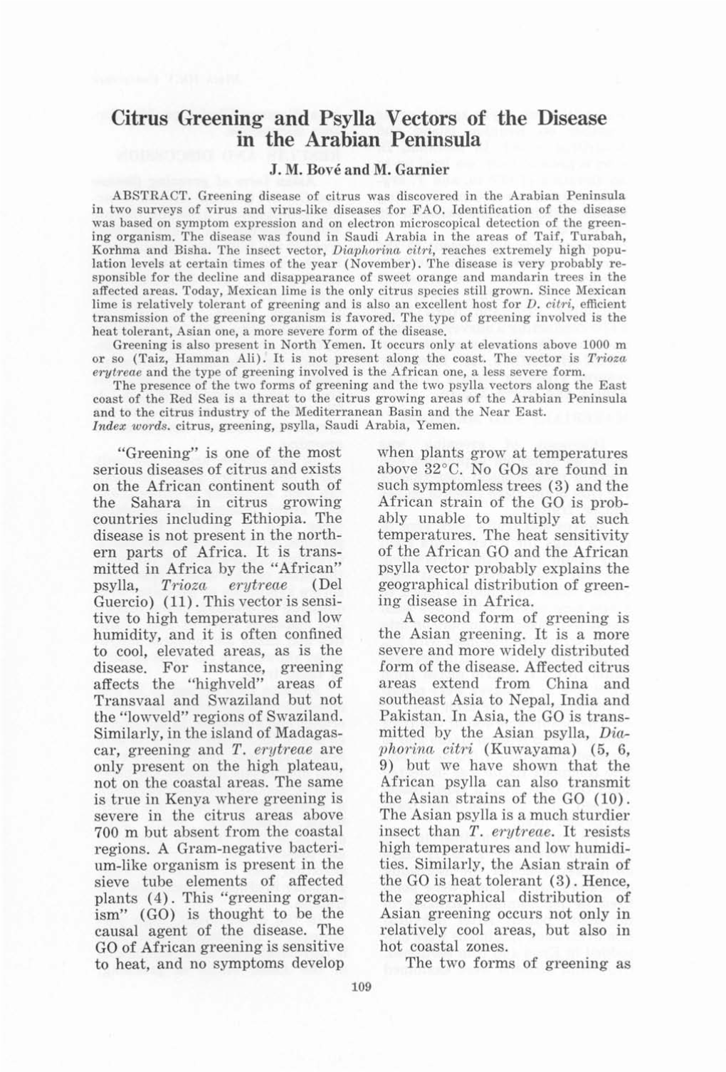 Citrus Greening and Psylla Vectors of the Disease in the Arabian Peninsula J