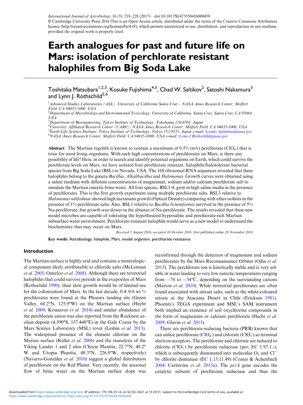 Earth Analogues for Past and Future Life on Mars: Isolation of Perchlorate Resistant Halophiles from Big Soda Lake