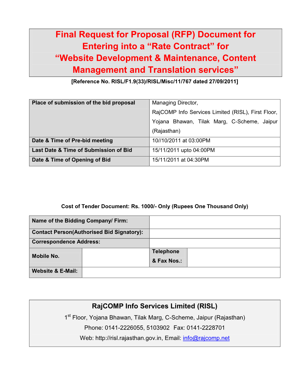 RFP) Document for Entering Into a “Rate Contract” for “Website Development & Maintenance, Content Management and Translation Services” [Reference No