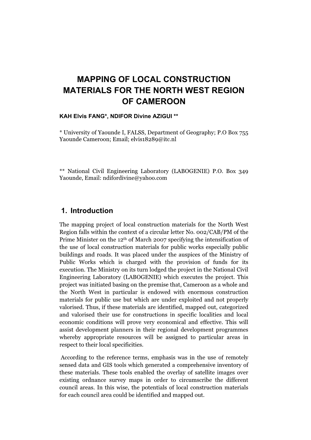 Mapping of Local Construction Materials for the North West Region of Cameroon