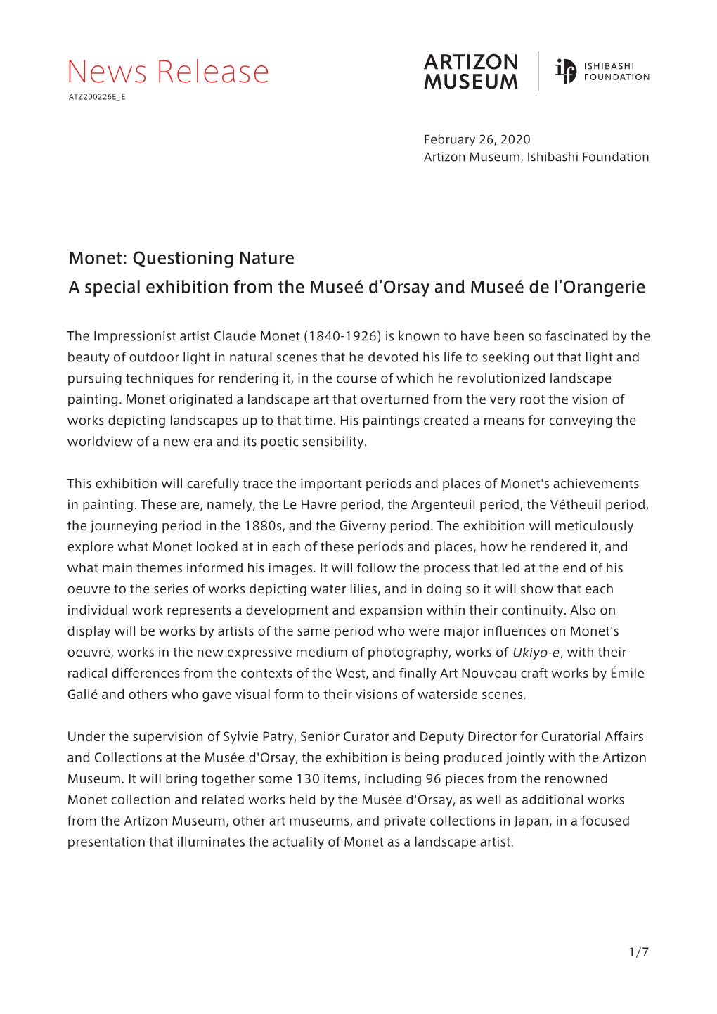 Monet: Questioning Nature a Special Exhibition from the Museé D Orsay