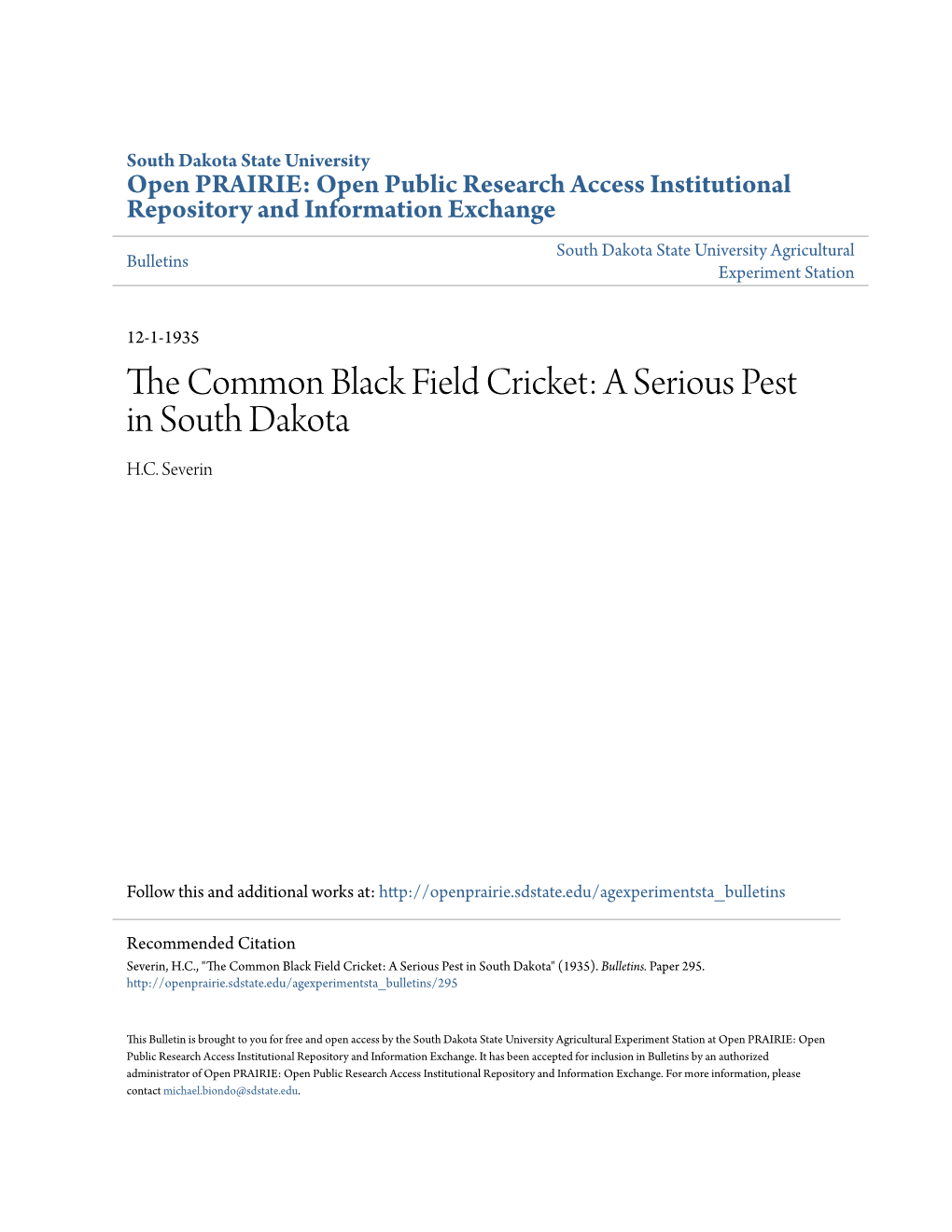 The Common Black Field Cricket: a Serious Pest in South Dakota