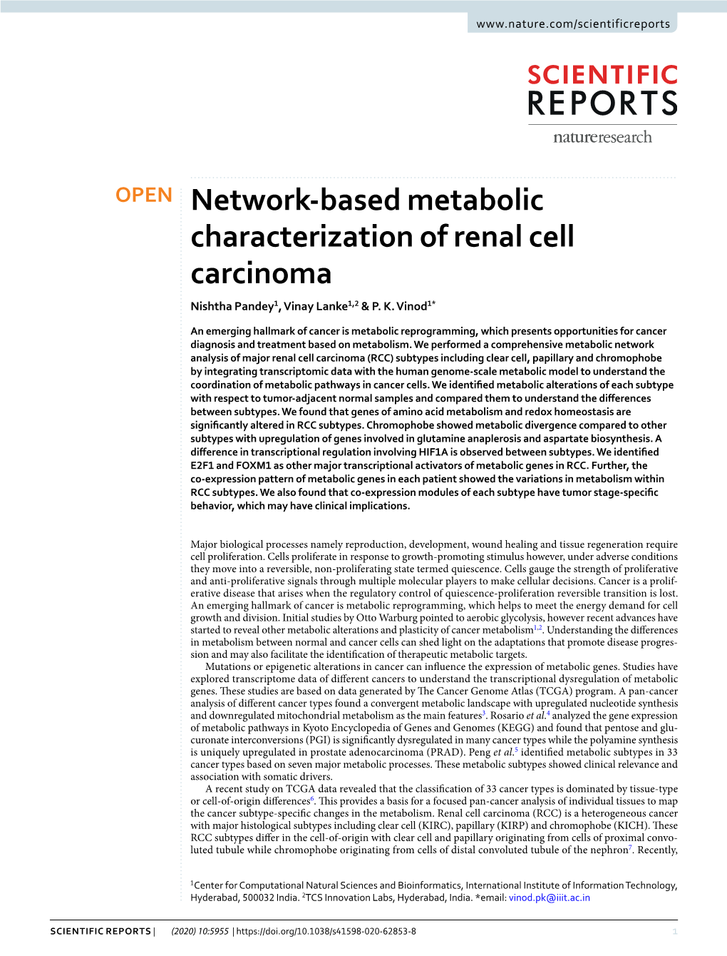 Network-Based Metabolic Characterization of Renal Cell Carcinoma Nishtha Pandey1, Vinay Lanke1,2 & P