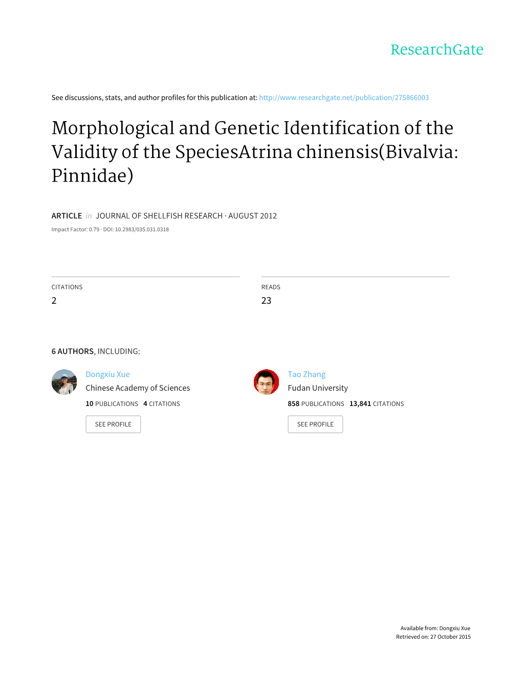 Morphological and Genetic Identification of the Validity of the Speciesatrina Chinensis(Bivalvia: Pinnidae)