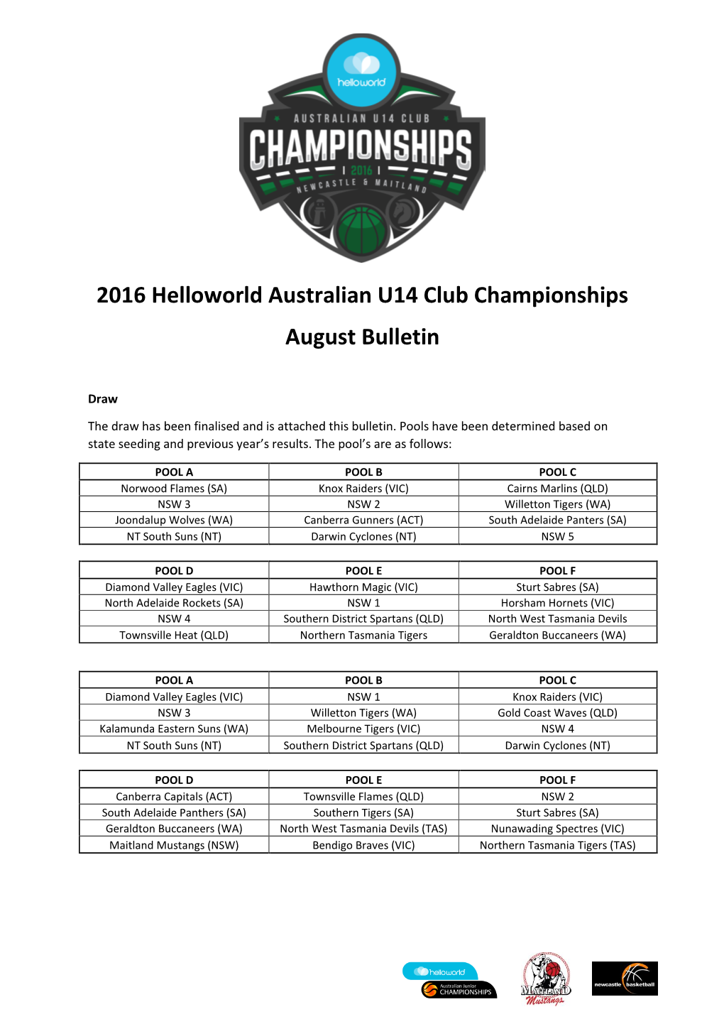 2016 Helloworld Australian U14 Club Championships August Bulletin