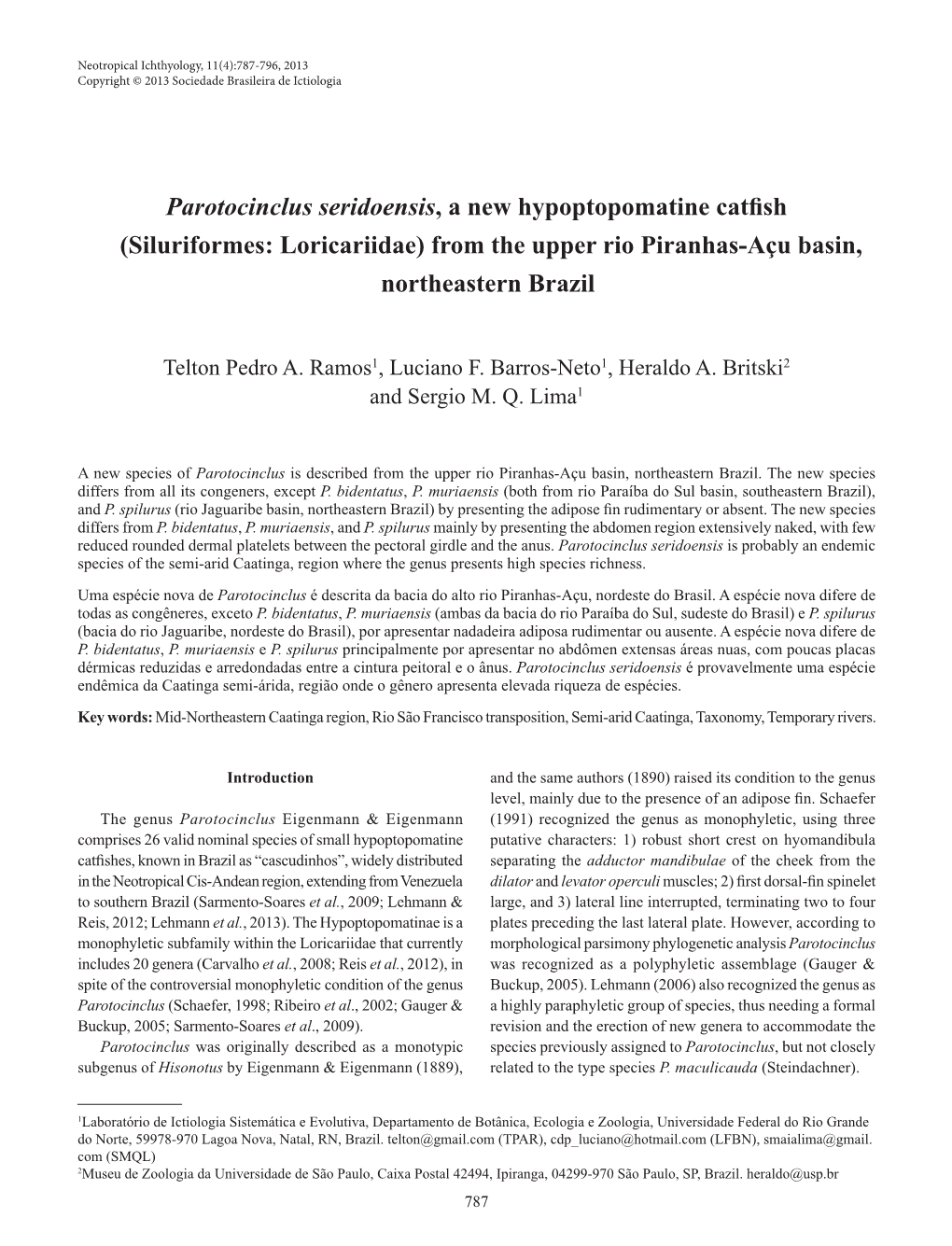 Parotocinclus Seridoensis, a New Hypoptopomatine Catfish (Siluriformes: Loricariidae) from the Upper Rio Piranhas-Açu Basin, Northeastern Brazil