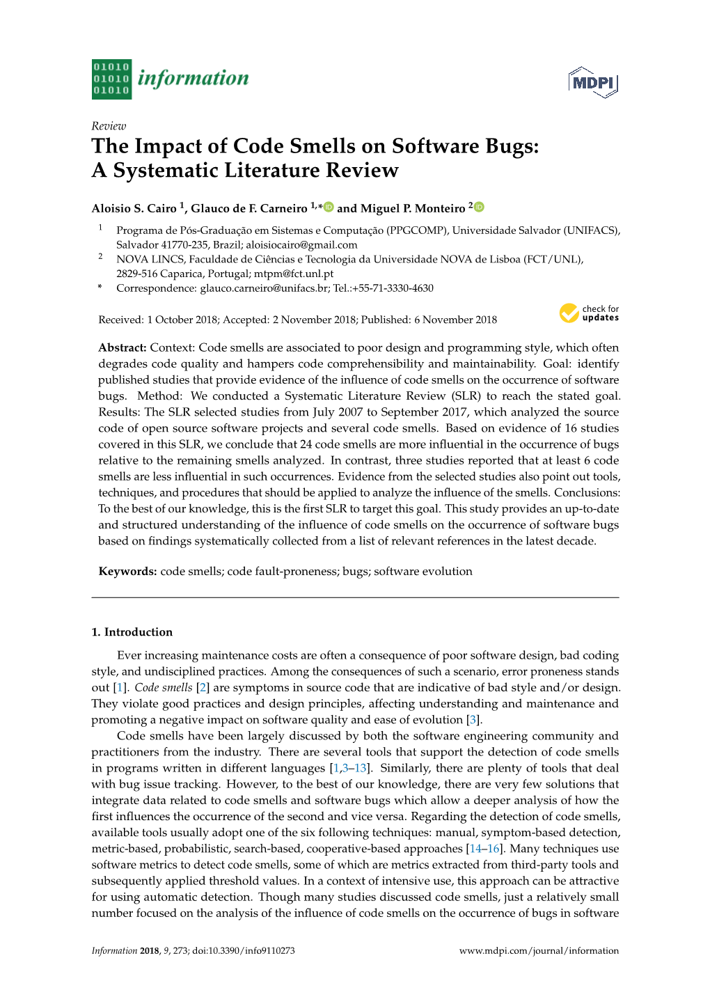 The Impact of Code Smells on Software Bugs: a Systematic Literature Review