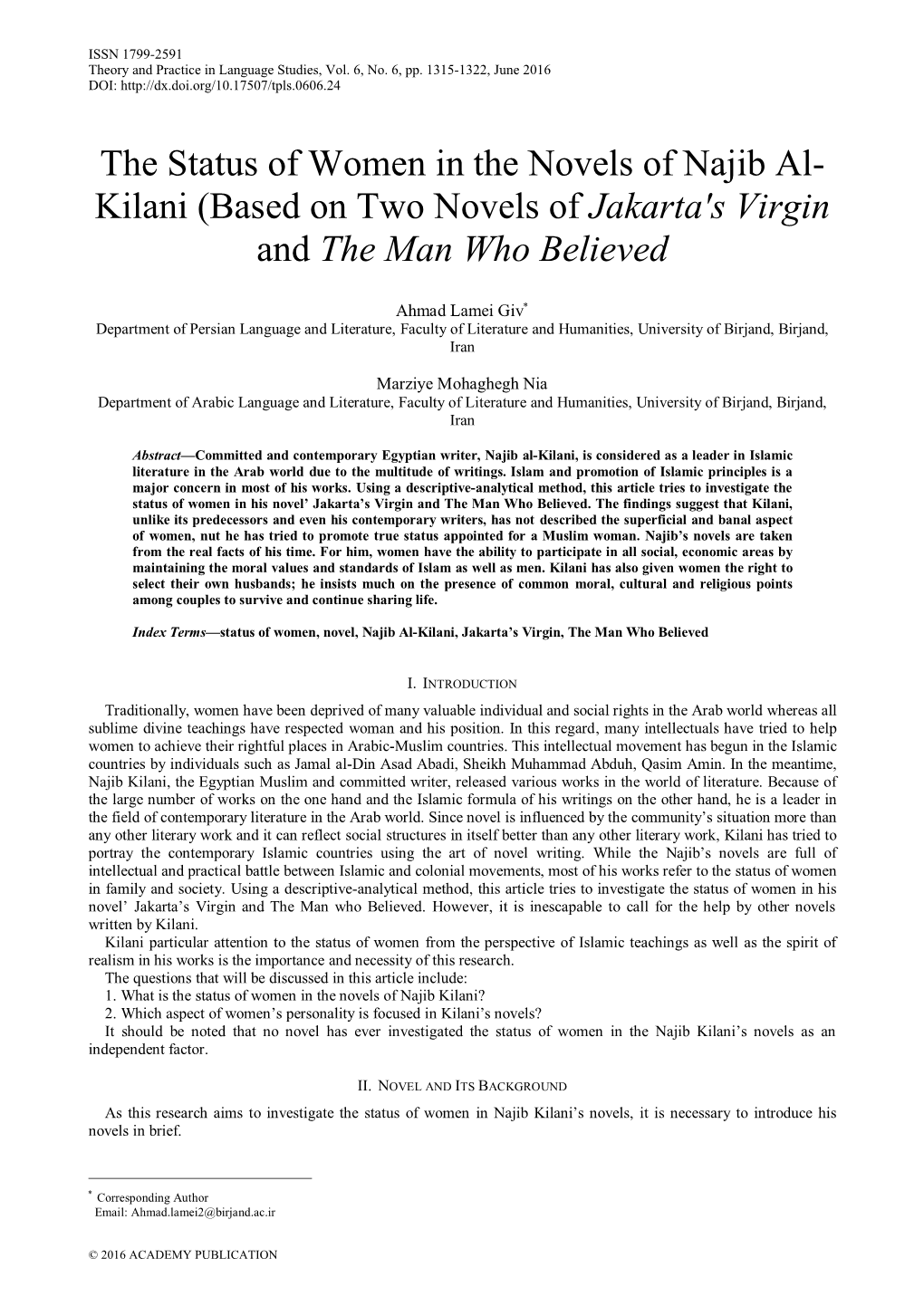 The Status of Women in the Novels of Najib Al- Kilani (Based on Two Novels of Jakarta's Virgin and the Man Who Believed