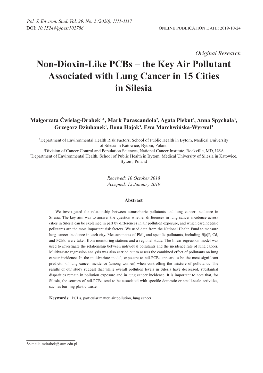 Non-Dioxin-Like Pcbs – the Key Air Pollutant Associated with Lung Cancer in 15 Cities in Silesia