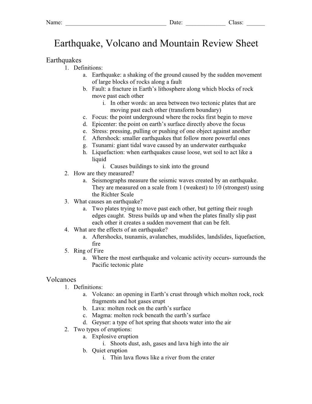 Earthquake, Volcano And Mountain Review Sheet