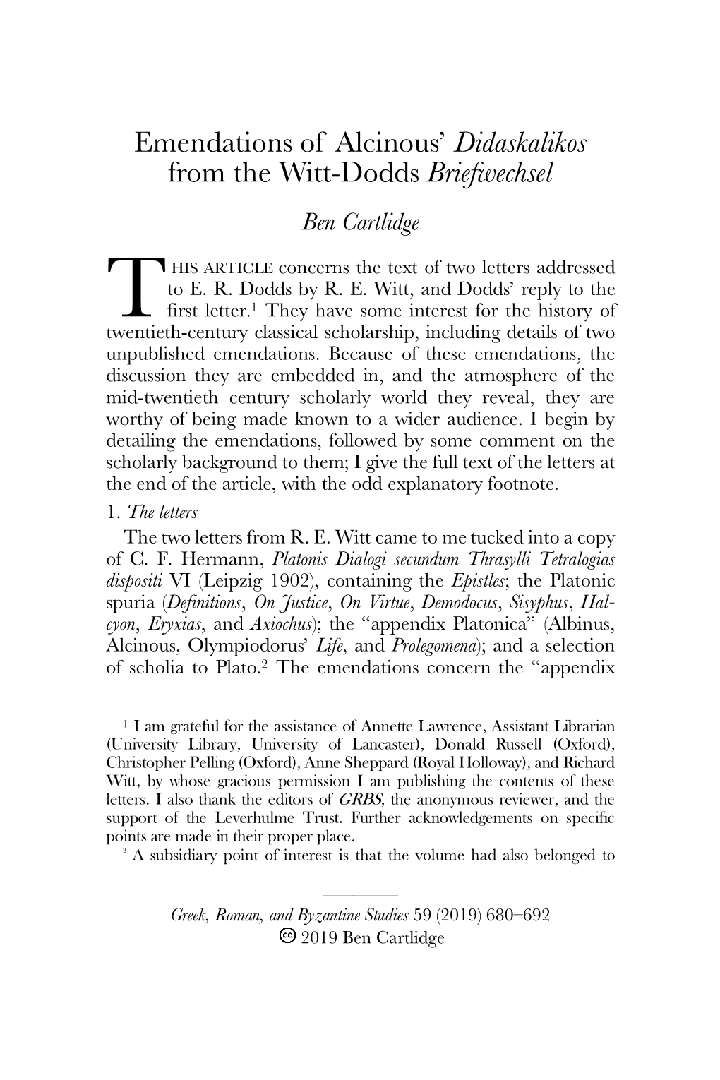 Emendations of Alcinous' Didaskalikos from the Witt-Dodds