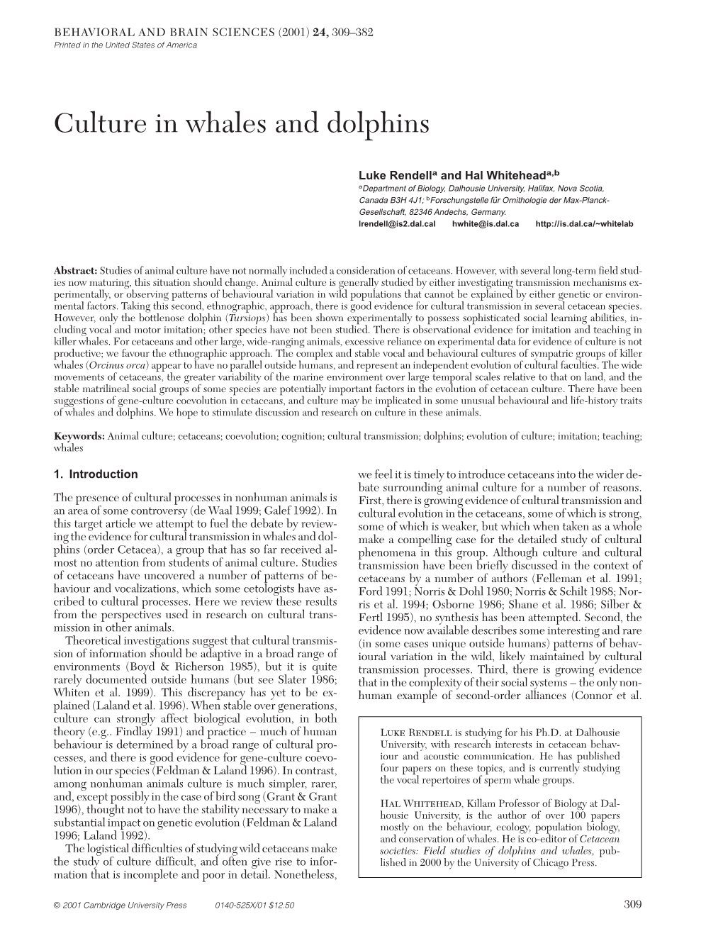 Culture in Whales and Dolphins