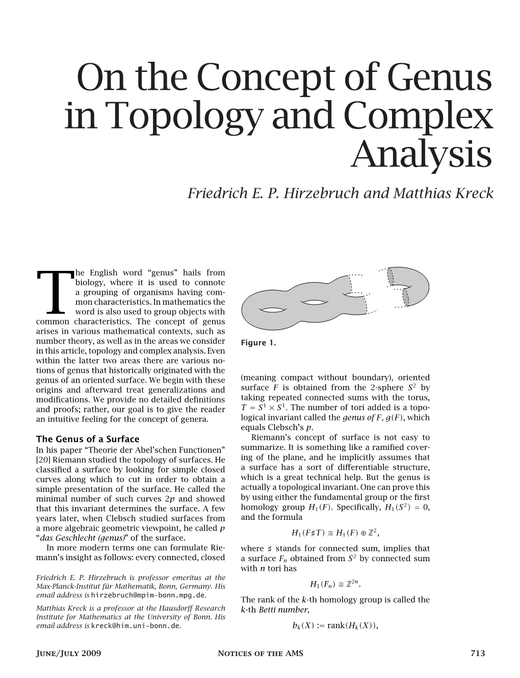 On the Concept of Genus in Topology and Complex Analysis Friedrich E