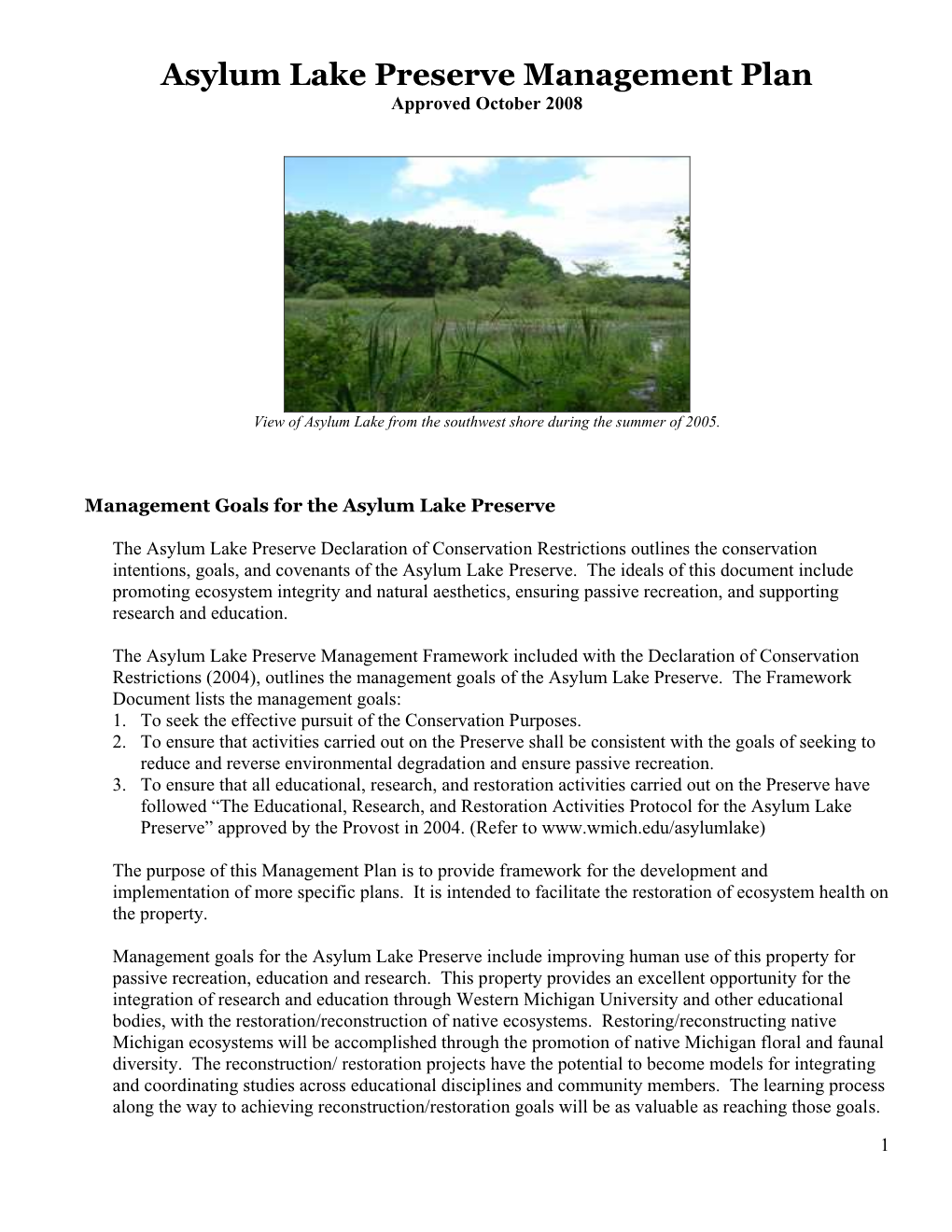 Asylum Lake Preserve Management Plan Approved October 2008