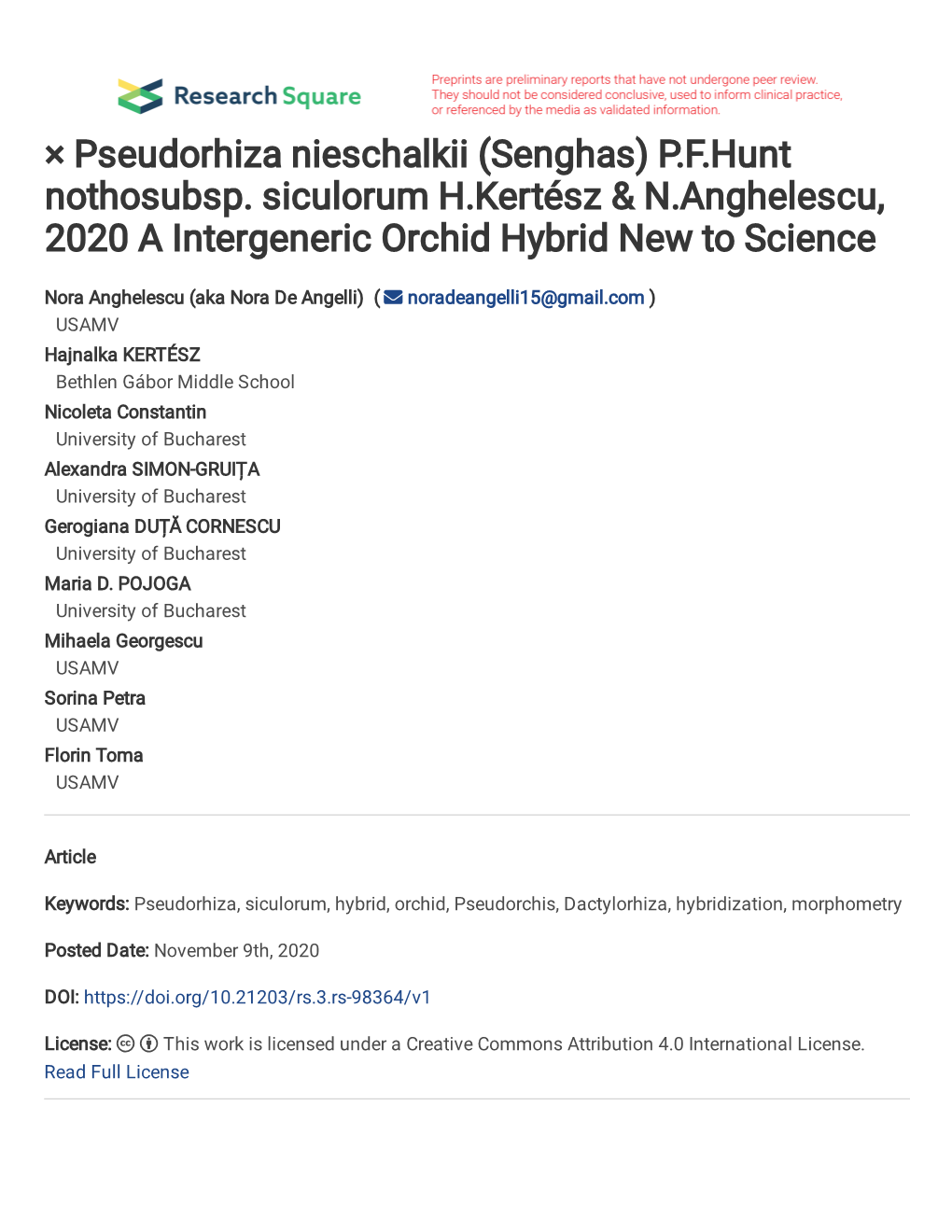 × Pseudorhiza Nieschalkii (Senghas) P.F.Hunt Nothosubsp. Siculorum H.Kertész & N.Anghelescu, 2020 a Intergeneric Orchid Hybrid New to Science