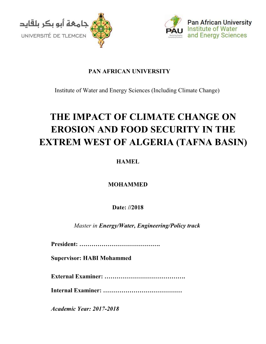 The Impact of Climate Change on Erosion and Food Security in the Extrem West of Algeria (Tafna Basin)