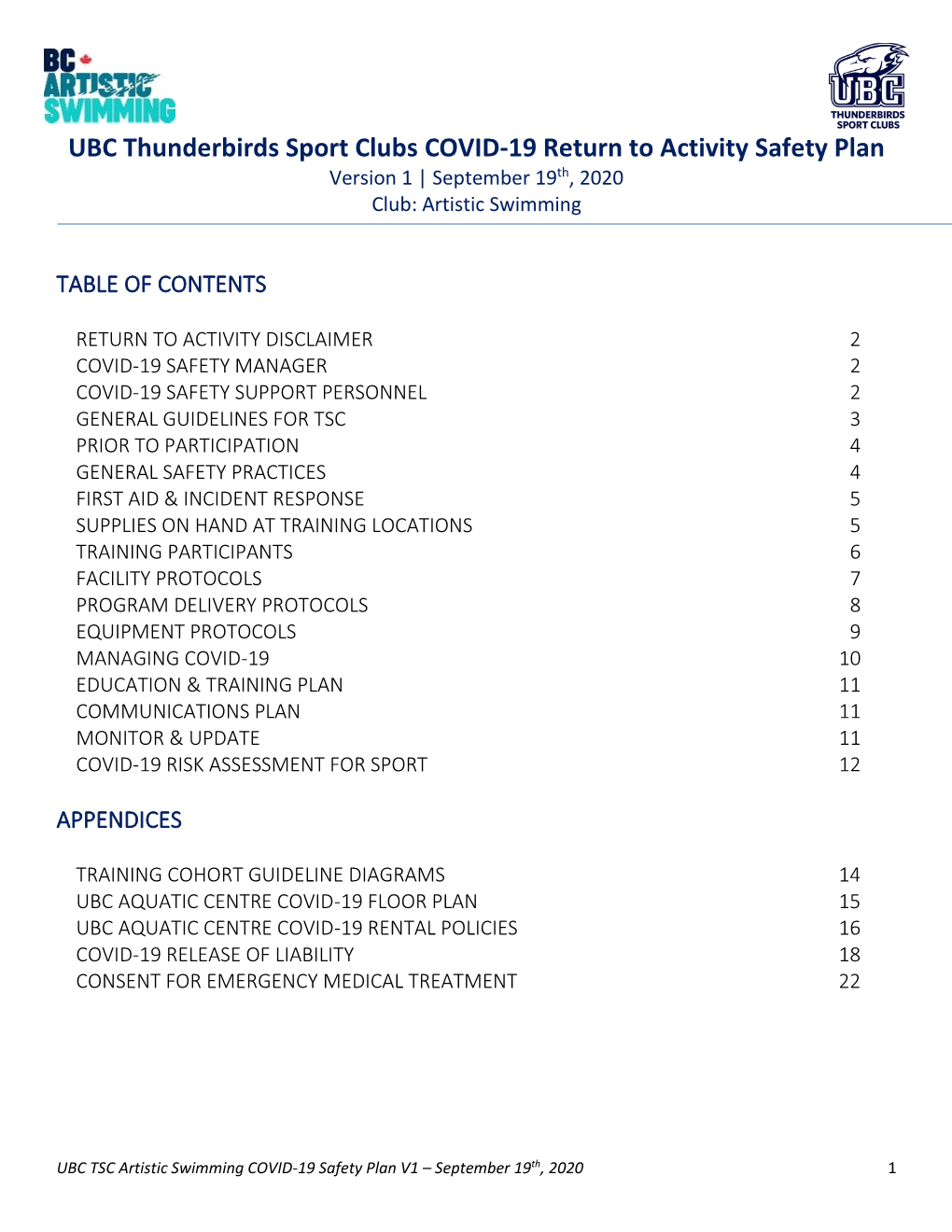 UBC Thunderbirds Sport Clubs COVID-19 Return to Activity Safety Plan Version 1 | September 19Th, 2020 Club: Artistic Swimming