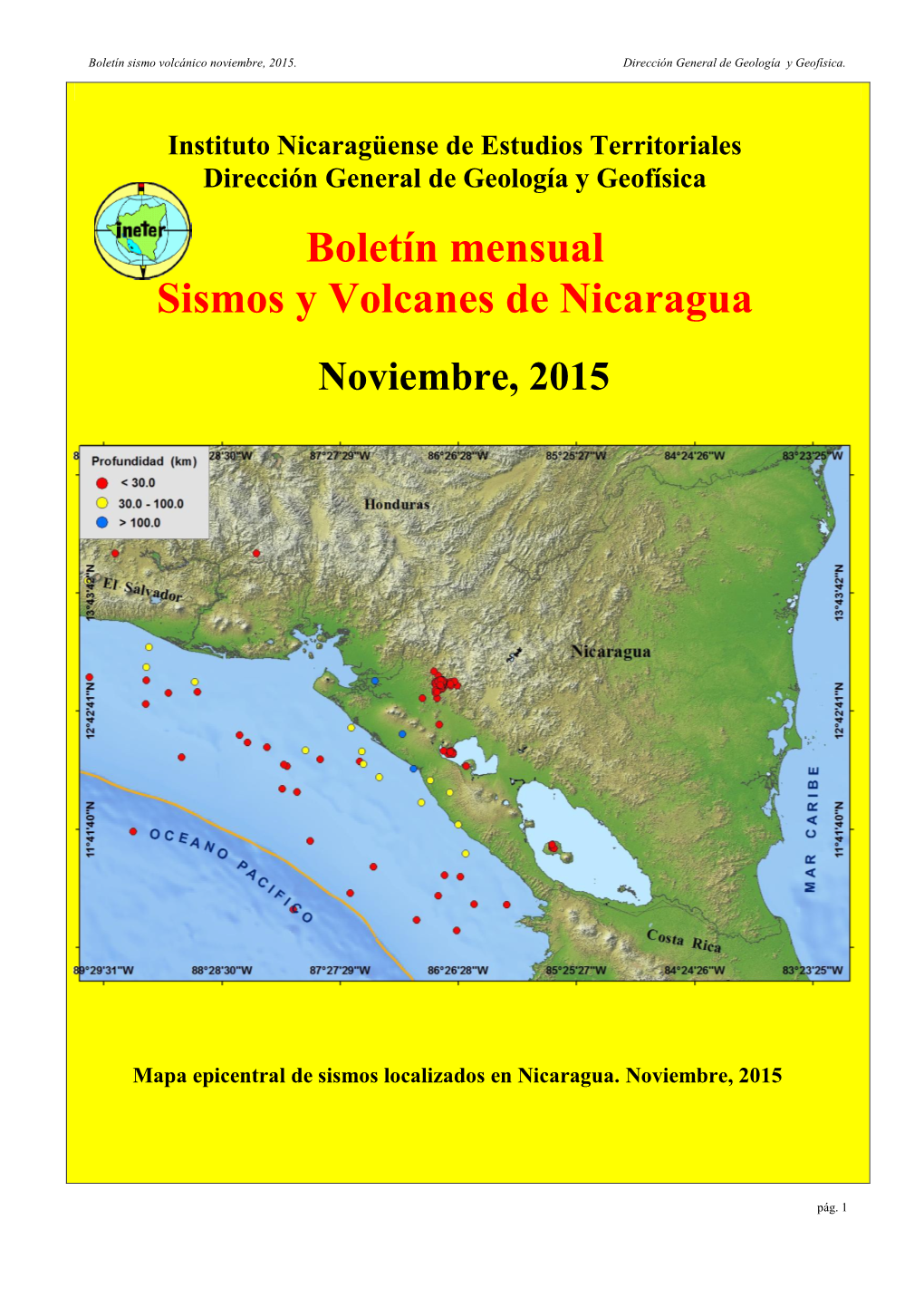 Boletín Mensual Sismos Y Volcanes De Nicaragua Noviembre, 2015