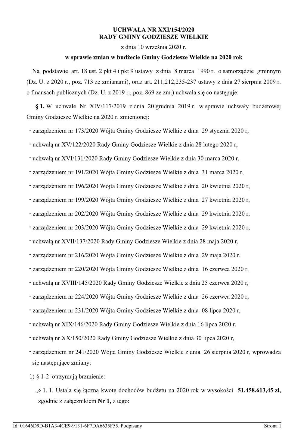 Uchwala Nr XXI/154/2020 Z Dnia 10 Wrzesnia 2020 R