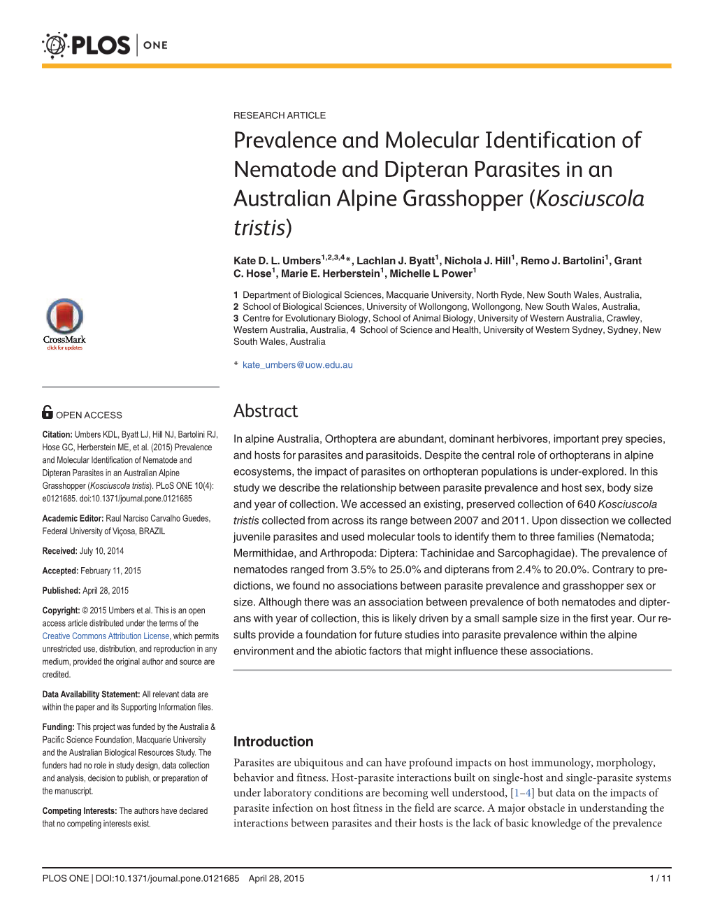 Prevalence and Molecular Identification of Nematode and Dipteran Parasites in an Australian Alpine Grasshopper (Kosciuscola Tristis)