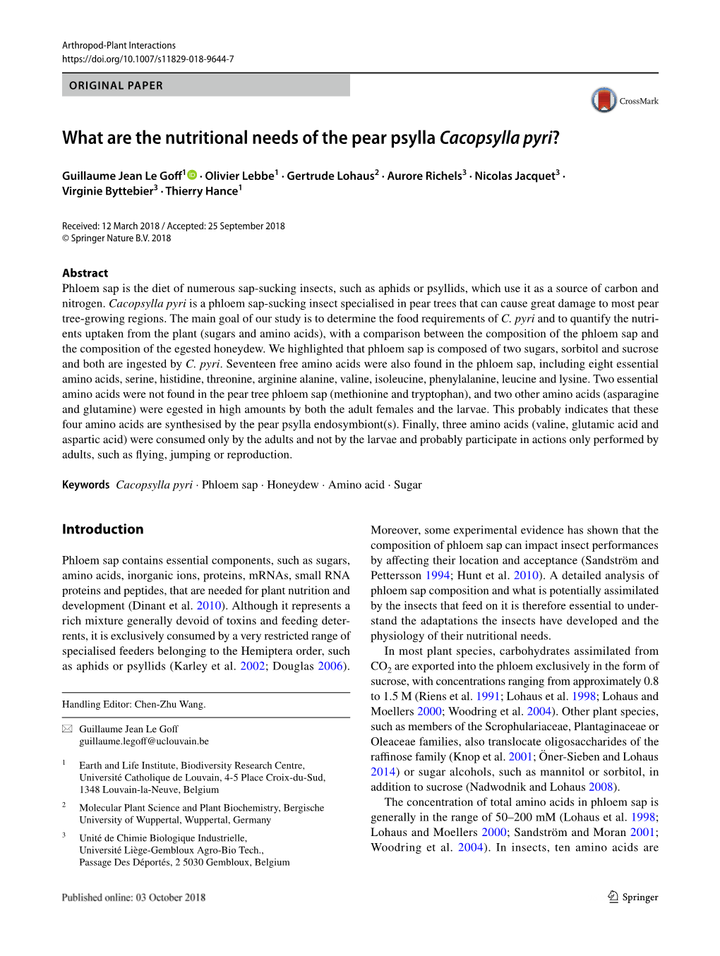 What Are the Nutritional Needs of the Pear Psylla Cacopsylla Pyri?