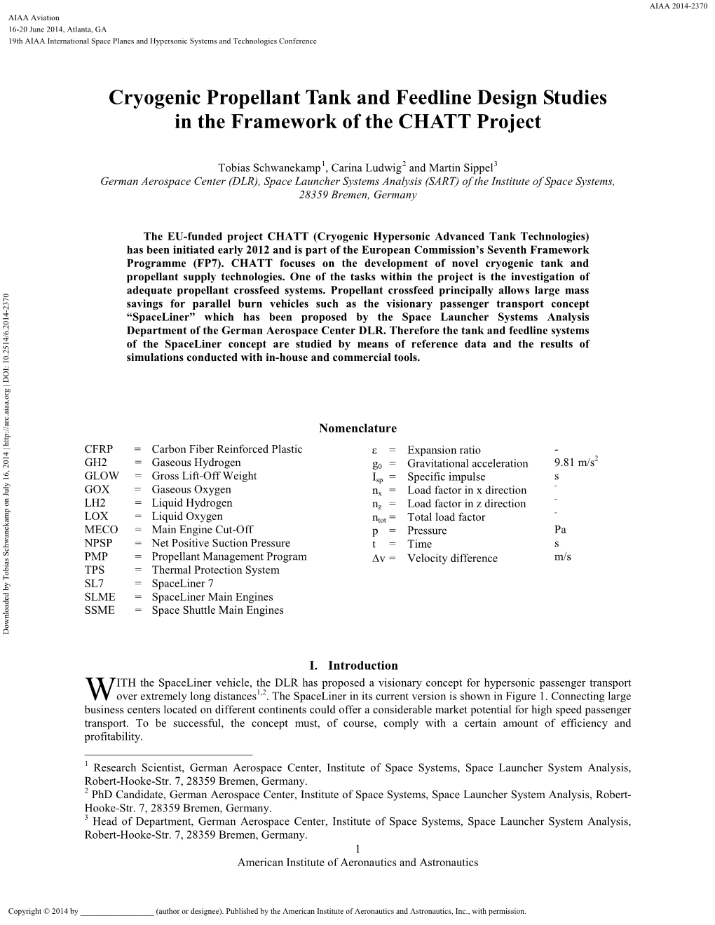 Cryogenic Propellant Tank and Feedline Design Studies in the Framework of the CHATT Project