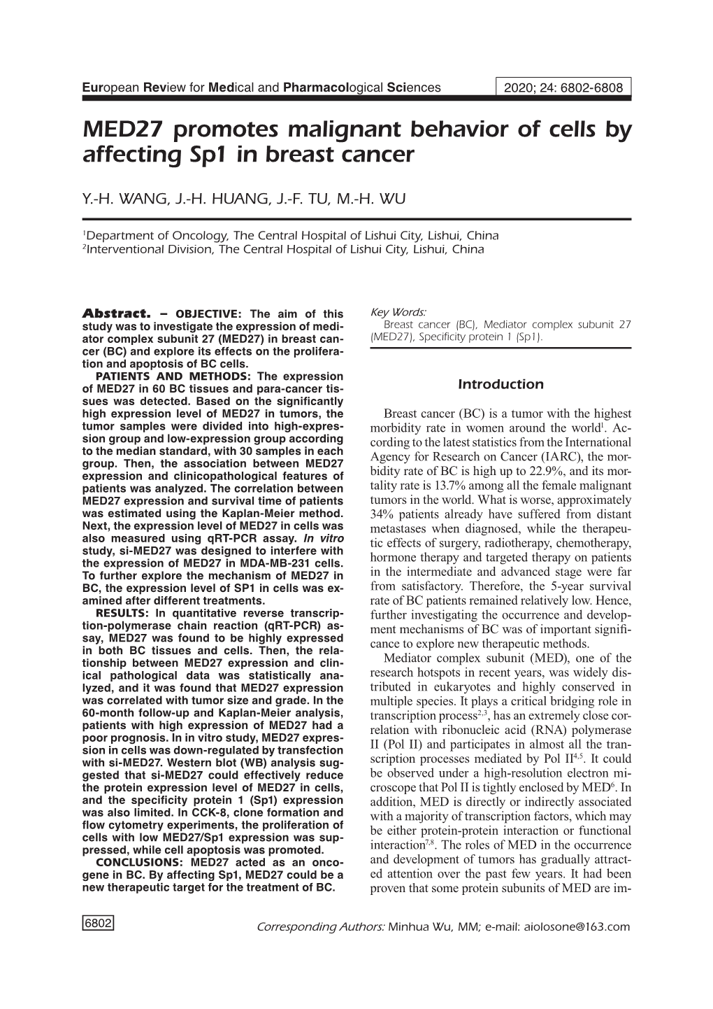 MED27 Promotes Malignant Behavior of Cells by Affecting Sp1 in Breast Cancer