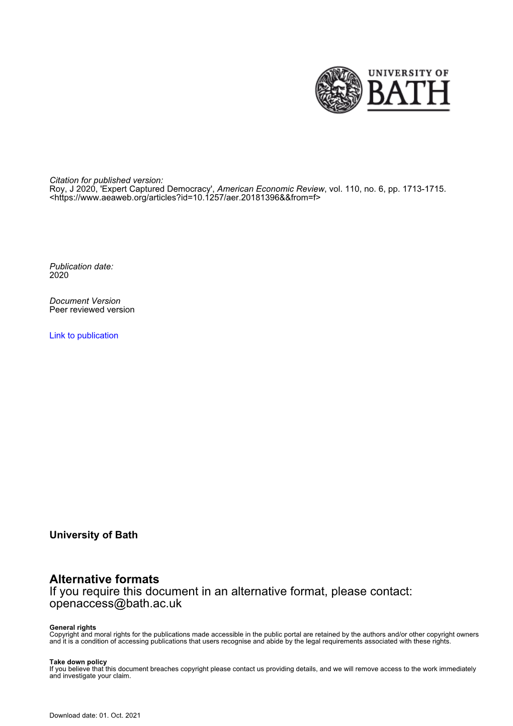 Alternative Formats If You Require This Document in an Alternative Format, Please Contact: Openaccess@Bath.Ac.Uk