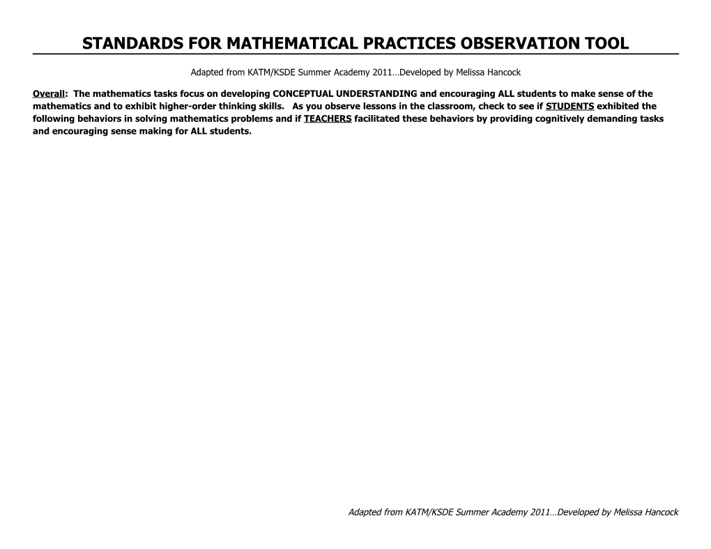 Standards for Mathematical Practices Observation Tool