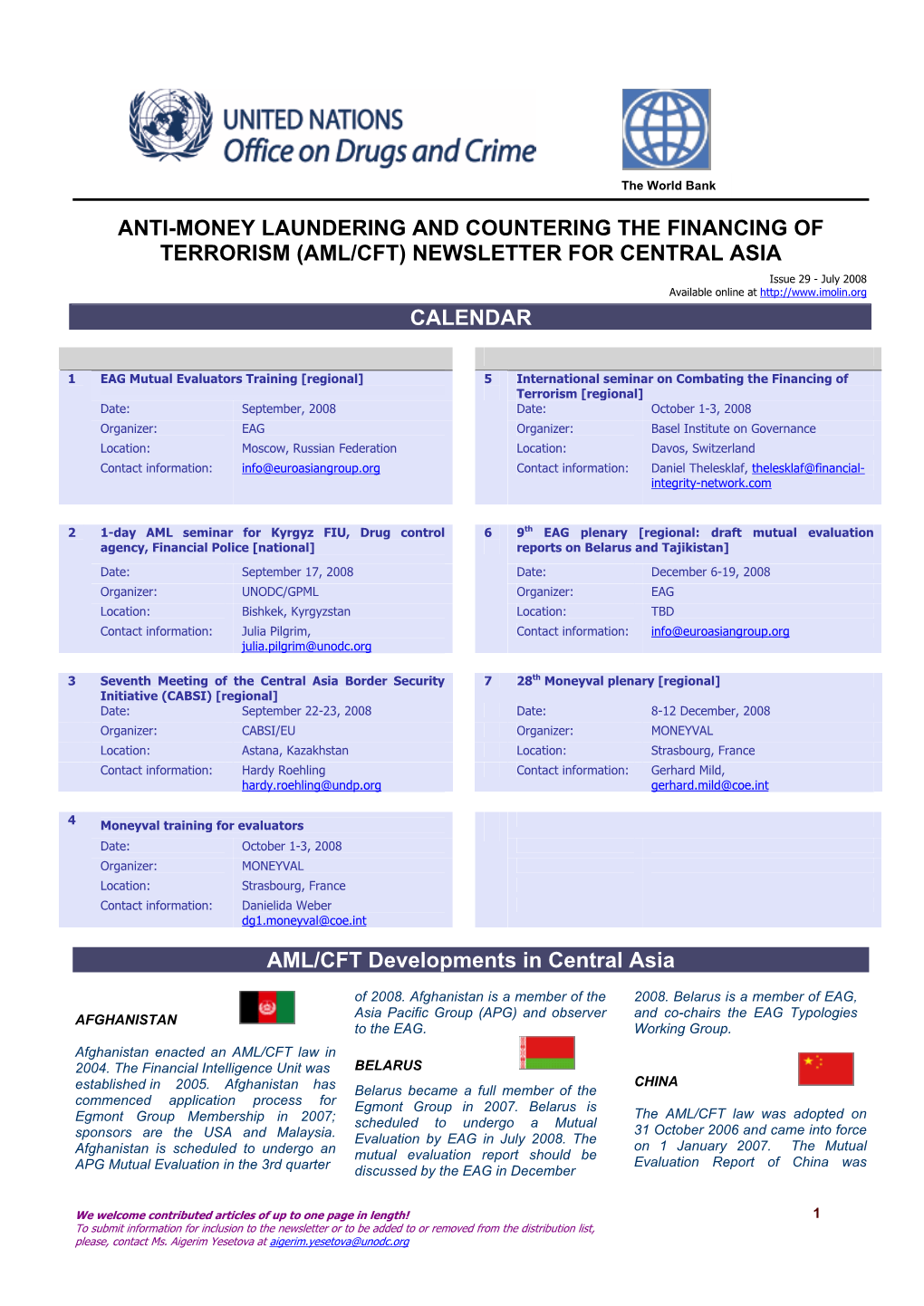Aml/Cft) Newsletter for Central Asia